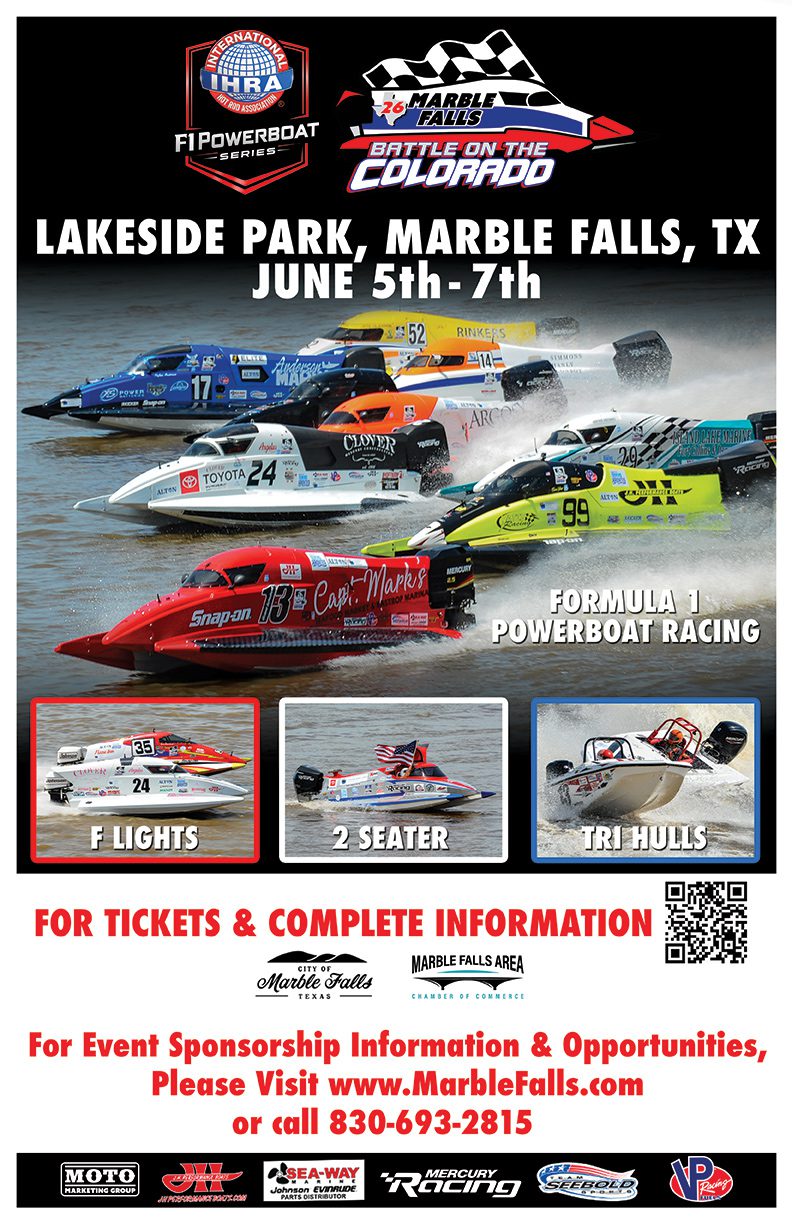 A promotional poster for the 2026 "Battle on the Colorado" powerboat racing event at Lakeside Park in Marble Falls, Texas, taking place from June 5th to 7th.