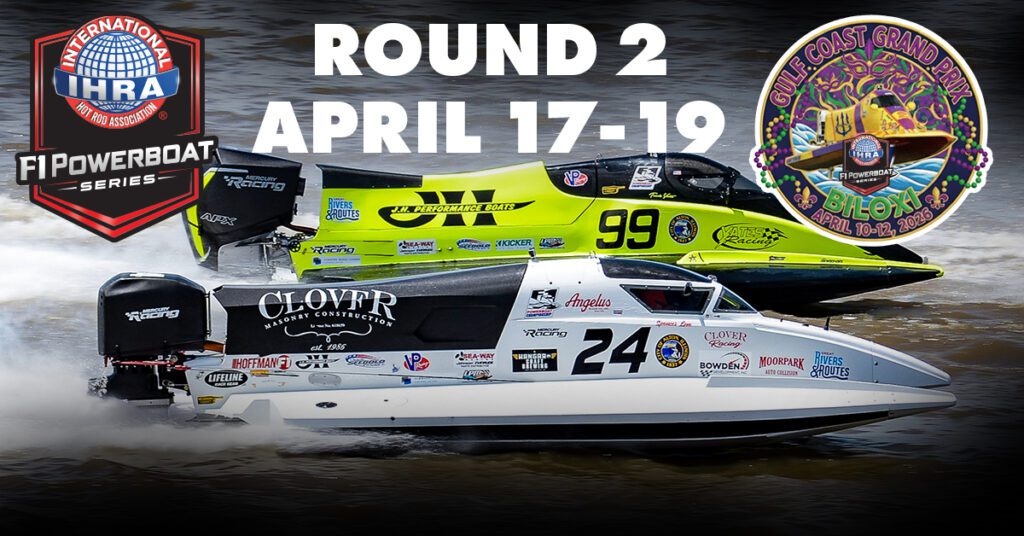 Biloxi 2026 Race Banner showing 2 F1 Boats, one white, one yellow, racing on the water from the side. Logos for IHRA F1 Powerboat Series and Biloxi Logo in Left and right corner respectively