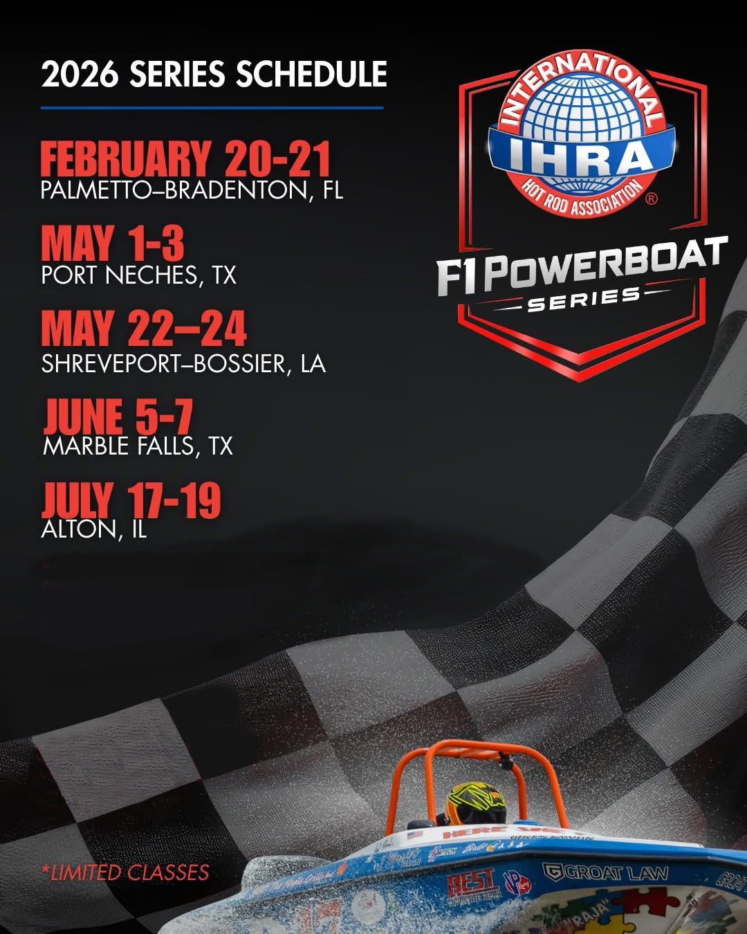 Promotional poster for the 2026 Series Schedule for the IHRA F1 Powerboat Series. The poster features a large red and blue International Hot Rod Association (IHRA) F1 Powerboat Series logo on the right. On the left, the race schedule lists five events in red and white text: February 20–21 in Palmetto–Bradenton, FL; May 1–3 in Port Neches, TX; May 22–24 in Shreveport–Bossier, LA; June 5–7 in Marble Falls, TX; and July 17–19 in Alton, IL, with a small note at the bottom left reading "*Limited Classes". The background features a large black-and-white checkered flag waving behind an F1 powerboat splashing through water at the bottom.