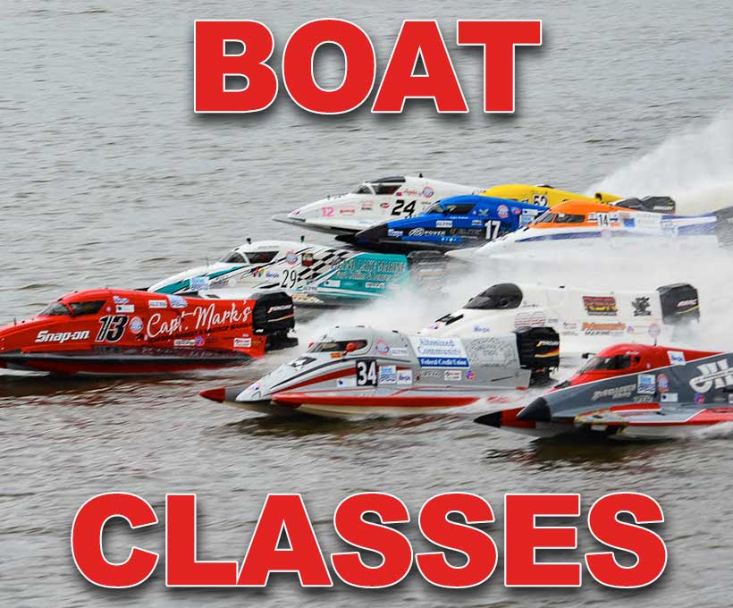 Boat Classes — a tight pack of Formula 1 tunnel-hull raceboats running side by side across the water at the start of a race.