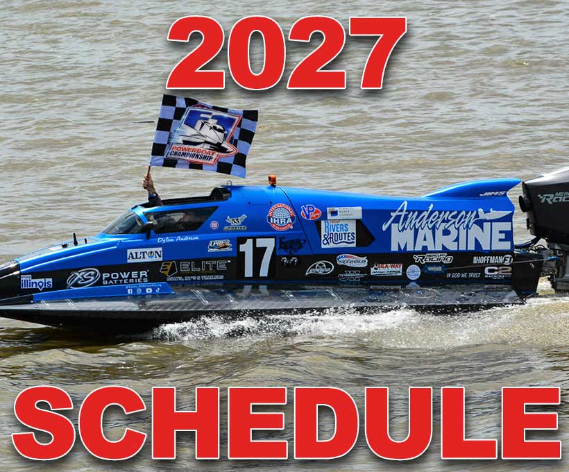 2027 Schedule — driver Dylan Anderson's blue No. 17 Anderson Marine Formula 1 raceboat at speed, passing a checkered F1 Powerboat Championship flag.