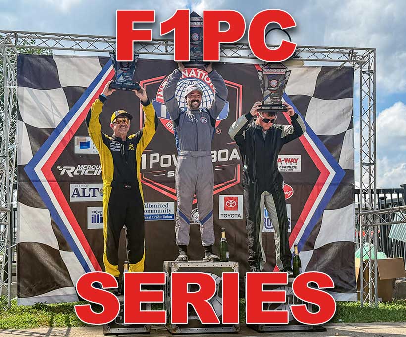 F1PC Series — three drivers in racing suits hoisting trophies on the winner's podium in front of a checkered F1 Powerboat Championship backdrop.